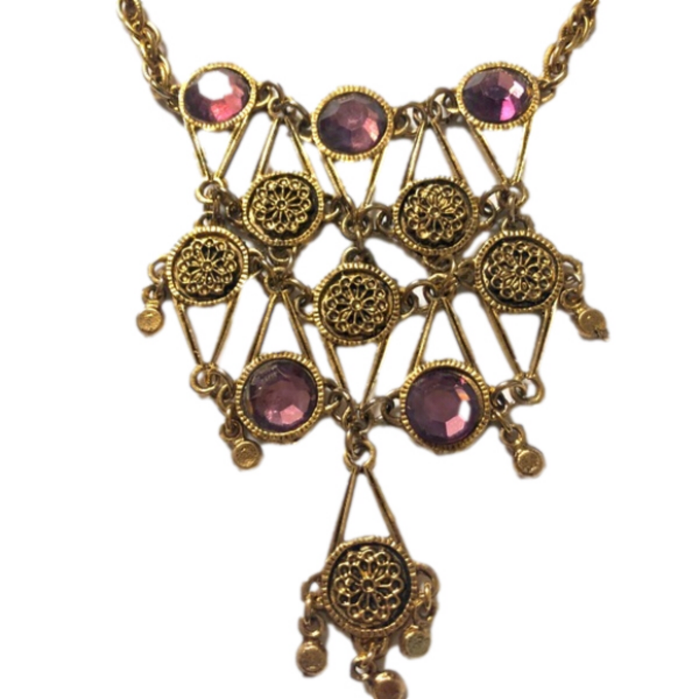 VINTAGE DLH DEPOSE French Bib Necklace Amethyst Art Glass Brutalist Statement